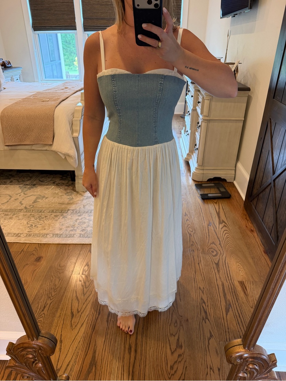Show Me Your MuMu Two-Tone Denim Corset Midi Dress in Light Blue and White